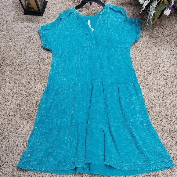 3706 Size S/M Zenana Teal Mineral Washed Thick Gauze Dress. - Picture 1 of 7